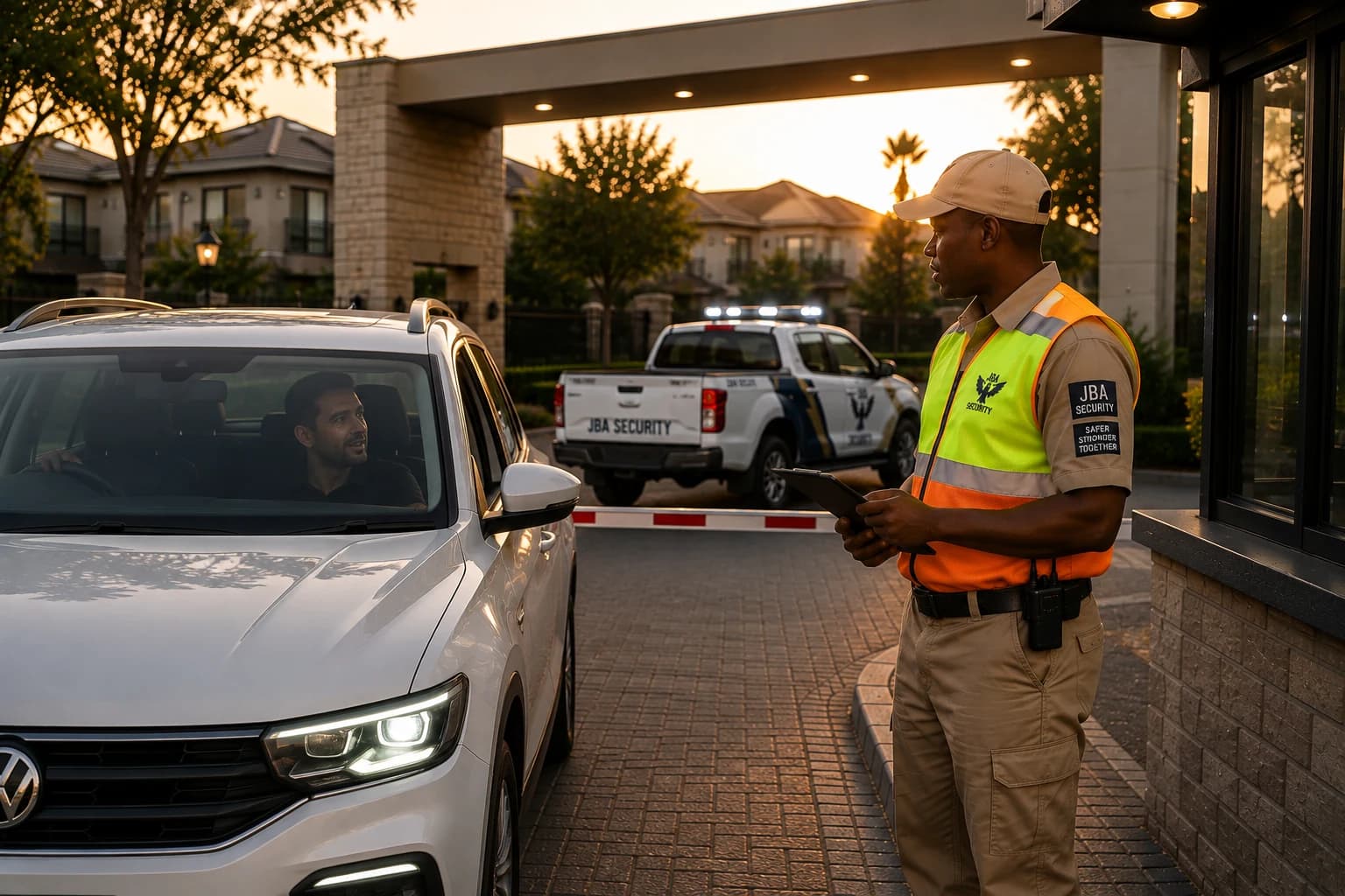 JBA Security officer checking in a visitor's vehicle at an estate gatehouse, with a patrol vehicle behind him