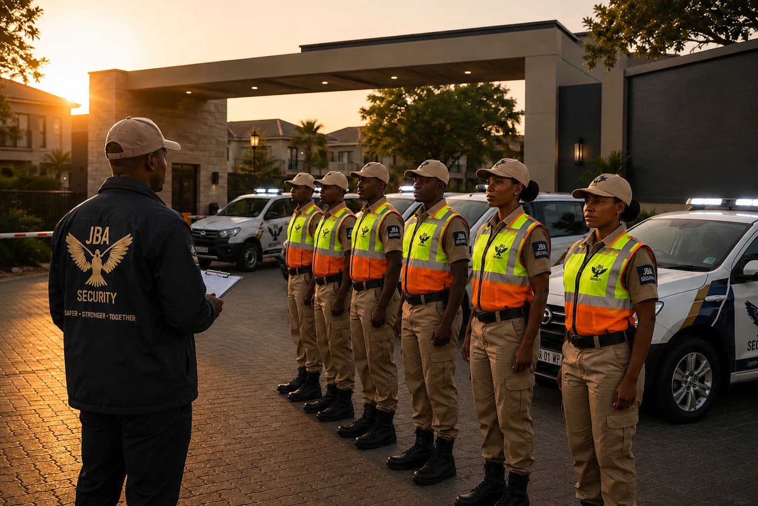 JBA Security officers lined up for inspection at an estate gatehouse, patrol vehicles behind them