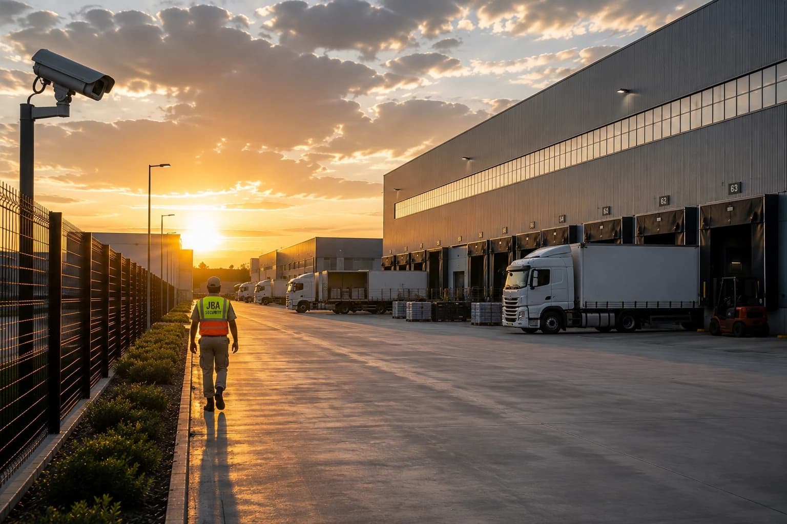 JBA Security officer patrolling a warehouse loading yard perimeter at sunset, with CCTV camera monitoring the fence line