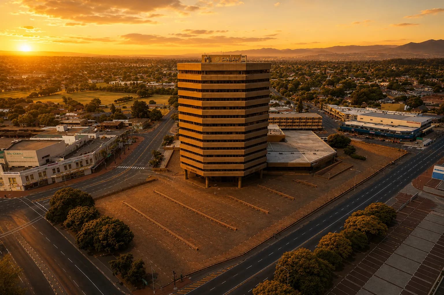 Aerial sunset view of Bellville's business district, Western Cape.