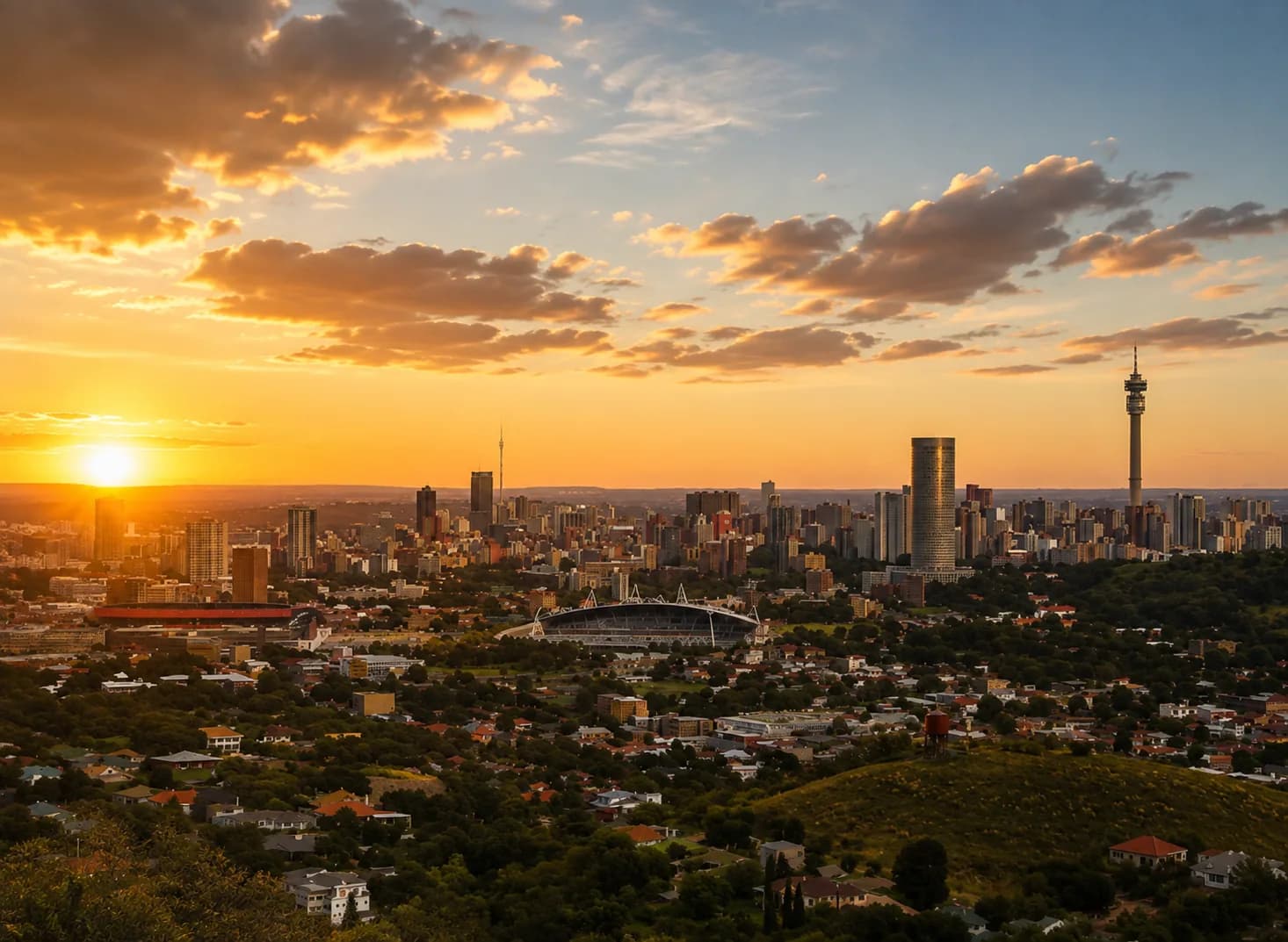 Aerial sunset view of the Johannesburg skyline, Gauteng.