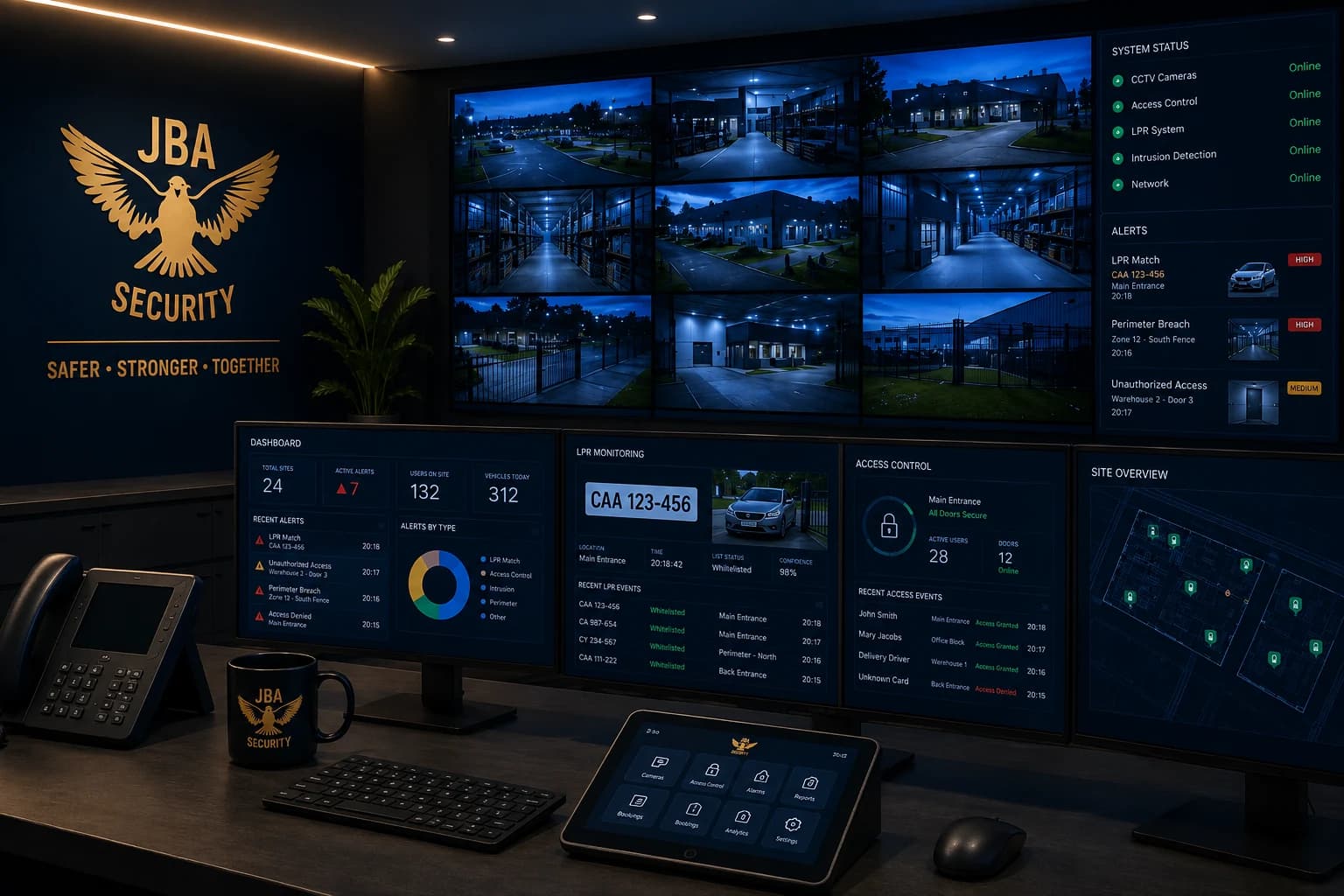 JBA Security monitoring control room with live CCTV camera feeds, LPR monitoring, access control and site dashboards