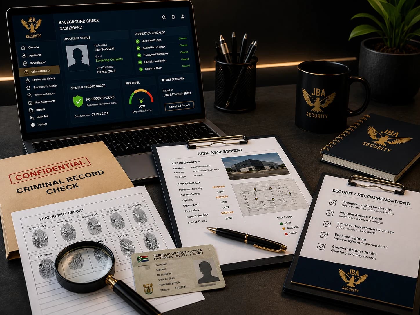 JBA Security criminal record check dashboard, fingerprint report and site risk assessment documents on a desk