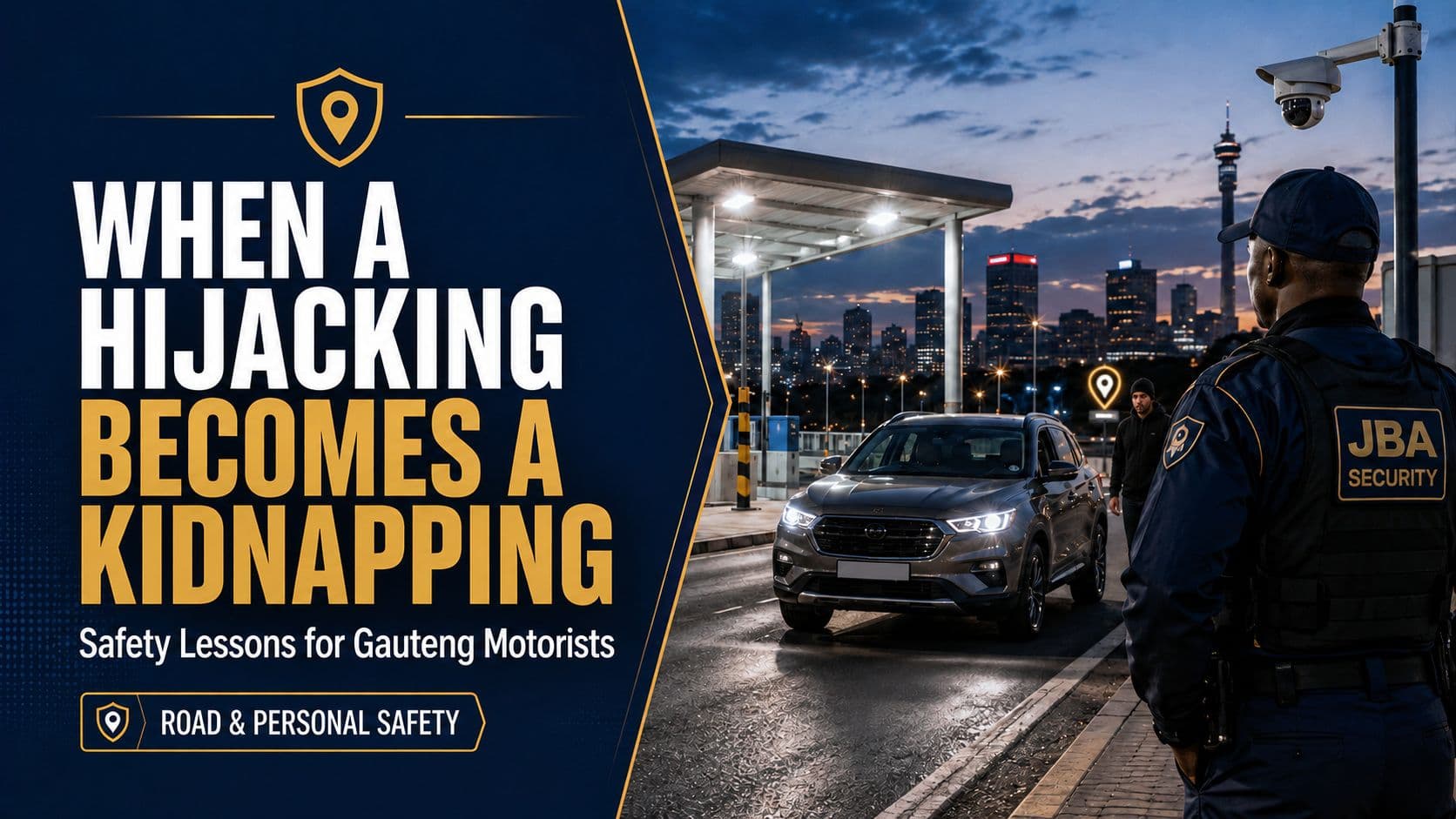 Alert South African motorist approaching a secure residential entrance in Gauteng at dusk
