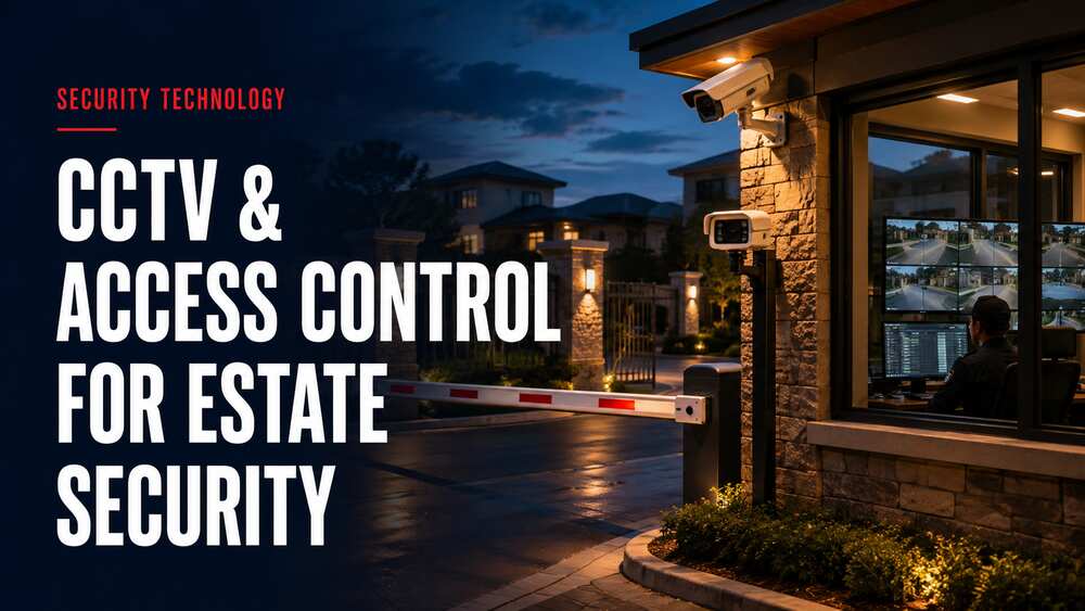 CCTV cameras, access-control barrier and security guard monitoring an estate entrance at night.