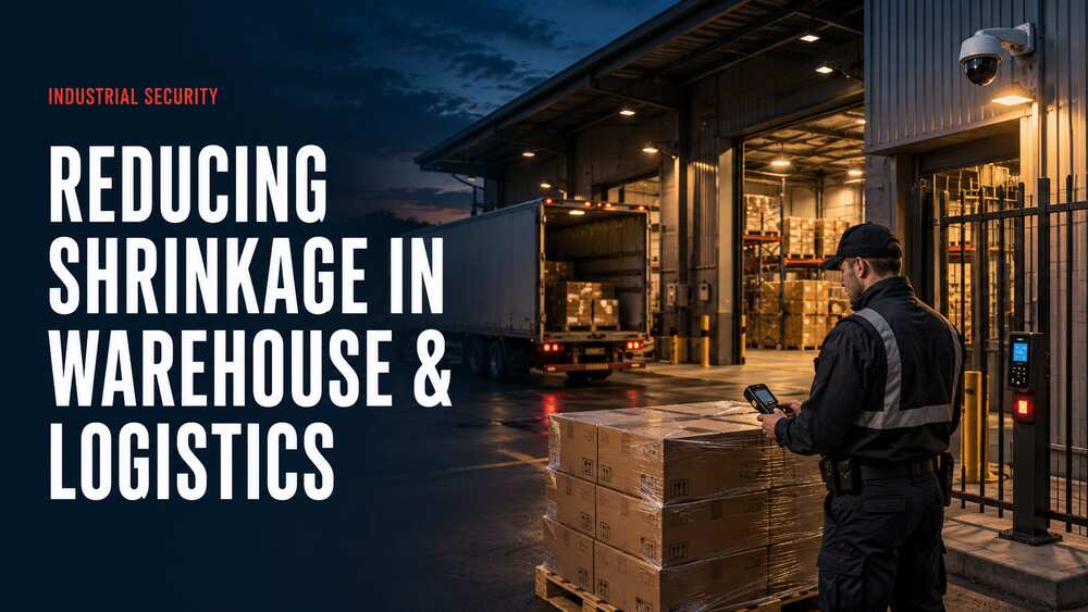 Security officer scanning warehouse inventory beside a loading bay, delivery truck and CCTV camera at night.